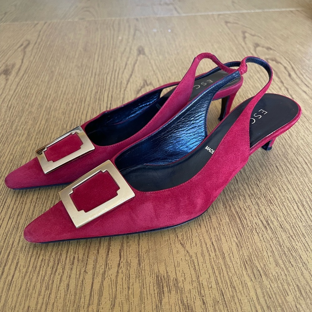 ESCADA red suede sling back kitten heel Sz 38 Made in Italy